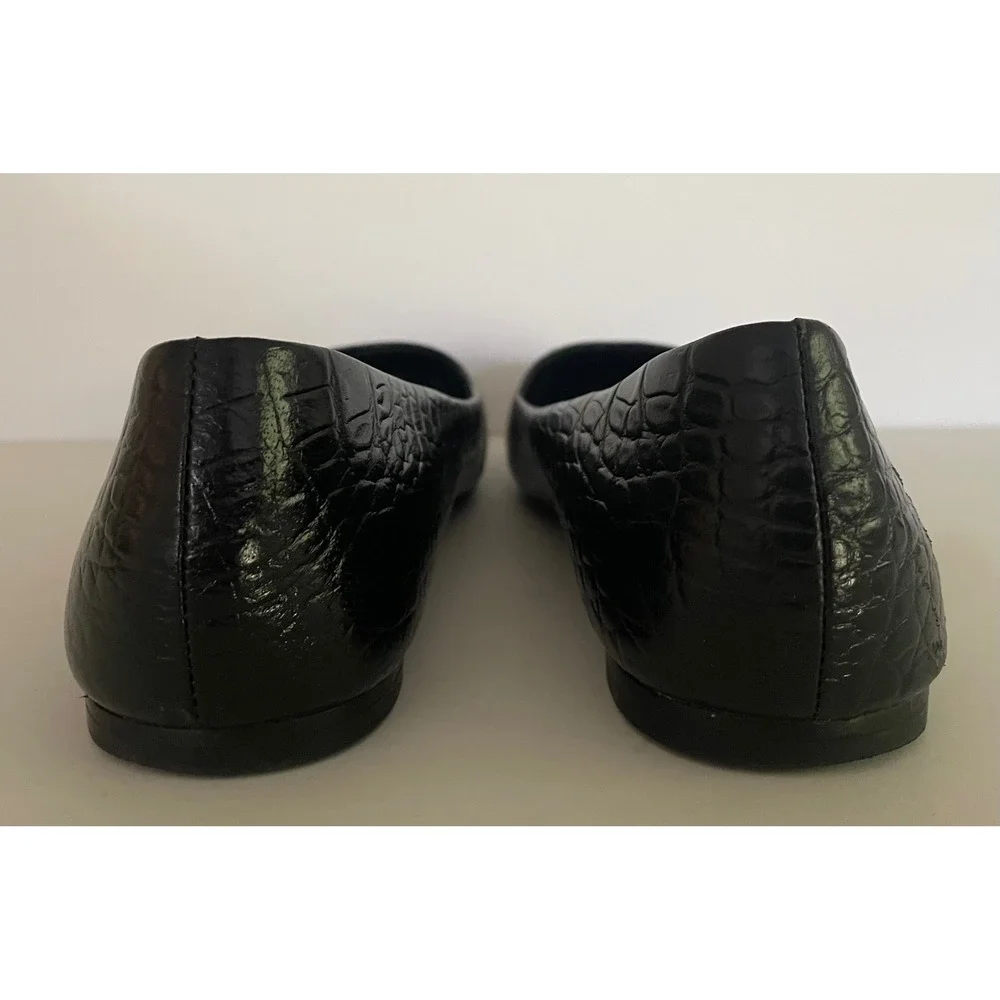 Tory Burch Georgia Black Croc Embossed Leather Square Toe Ballet Flats Career 8M